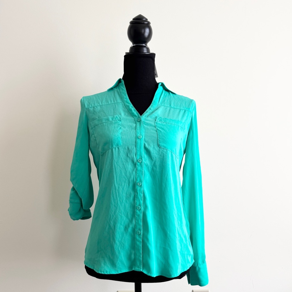 Express Button Down Blouse – Mint Green, Size XS